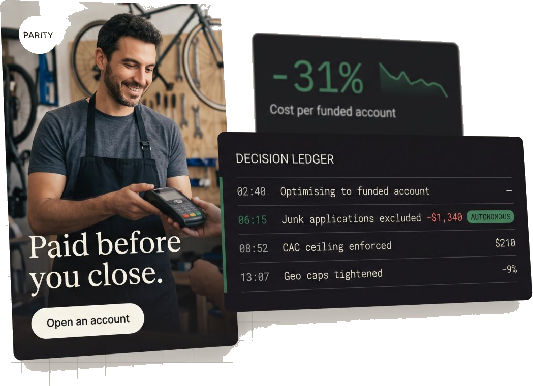Sturnix Decision Ledger for Parity — junk applications excluded −$1,340, CAC ceiling enforced at $210, geo caps tightened, cost per funded account down 31%